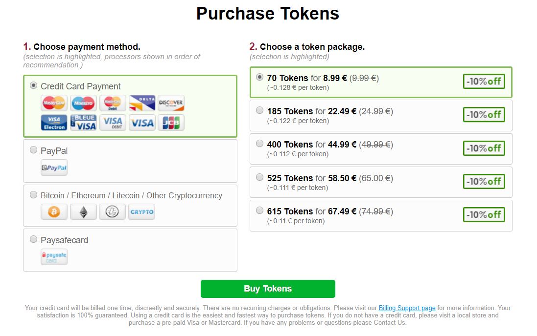 Bongacams.com Token packages