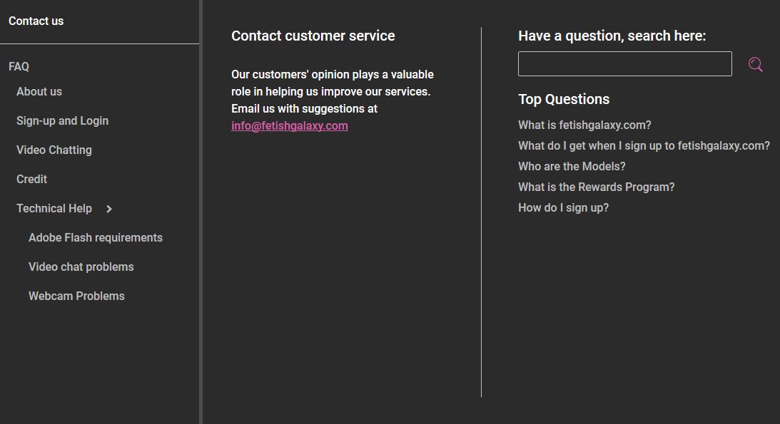 FetishGalaxy Customer Support page