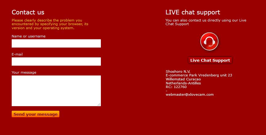 XLoveCam customer Support Form